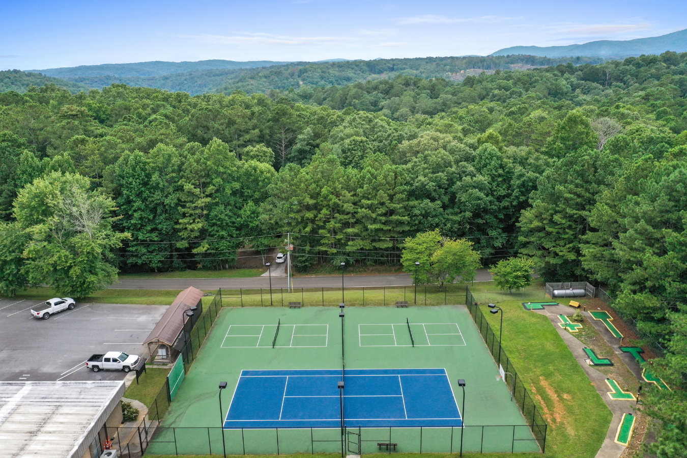 Drone aerial of tennis courts and sports complex in Upstate New York near Syracuse and Camden